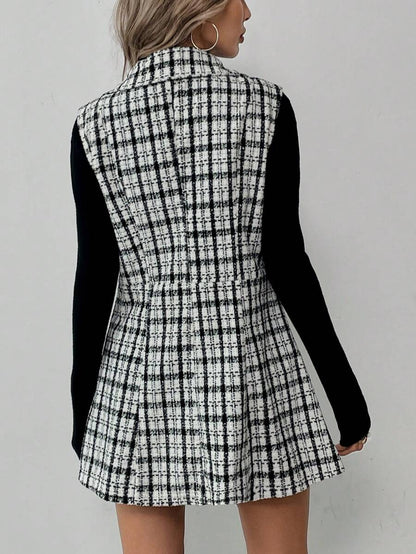 Sadie Two Piece Set Sleeveless Blazer Vest and Mini Skirt - Black White Plaid