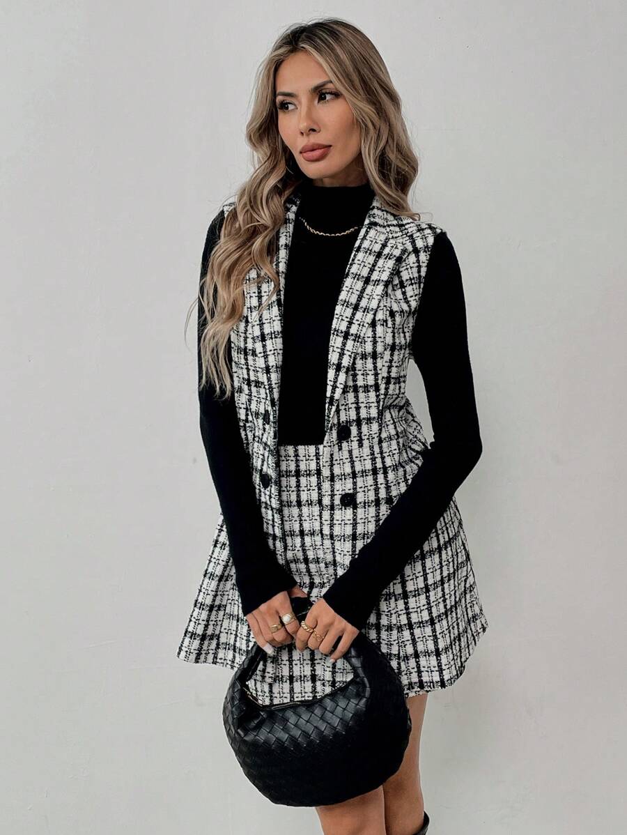 Sadie Two Piece Set Sleeveless Blazer Vest and Mini Skirt - Black White Plaid