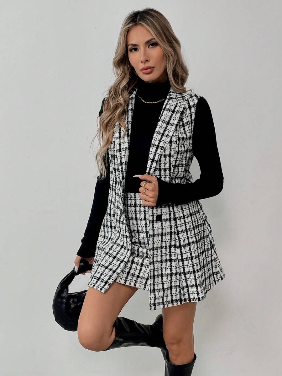Sadie Two Piece Set Sleeveless Blazer Vest and Mini Skirt - Black White Plaid