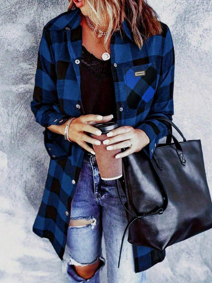 Sherwood Flannel Plaid Button Up Shirt Jacket with Pockets - Blue