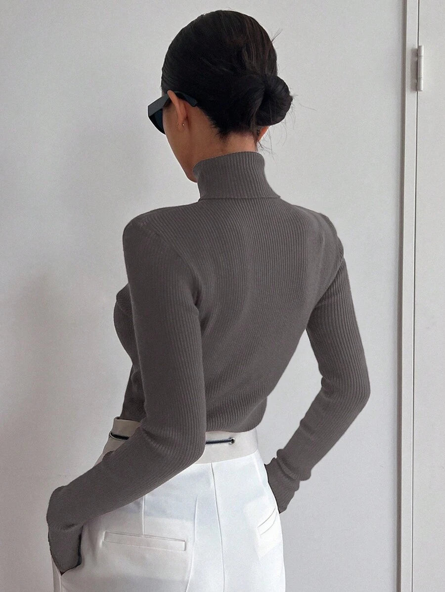 Tamsin Fitted Ribbed Turtleneck Sweater Long Sleeve Pullover - Taupe