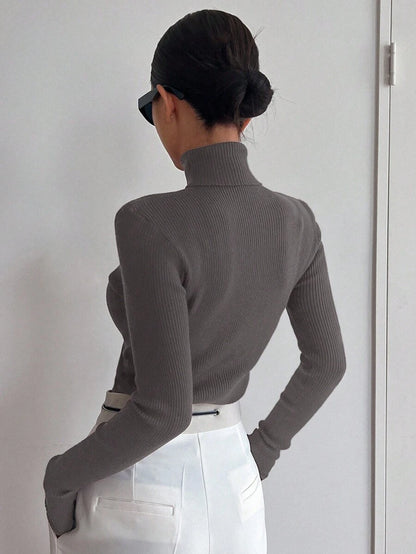 Tamsin Fitted Ribbed Turtleneck Sweater Long Sleeve Pullover - Taupe