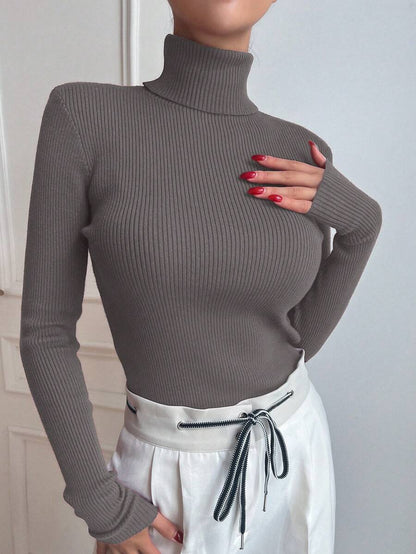 Tamsin Fitted Ribbed Turtleneck Sweater Long Sleeve Pullover - Taupe