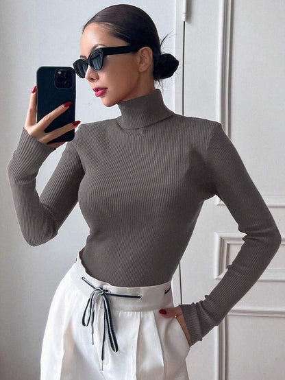 Tamsin Fitted Ribbed Turtleneck Sweater Long Sleeve Pullover - Taupe