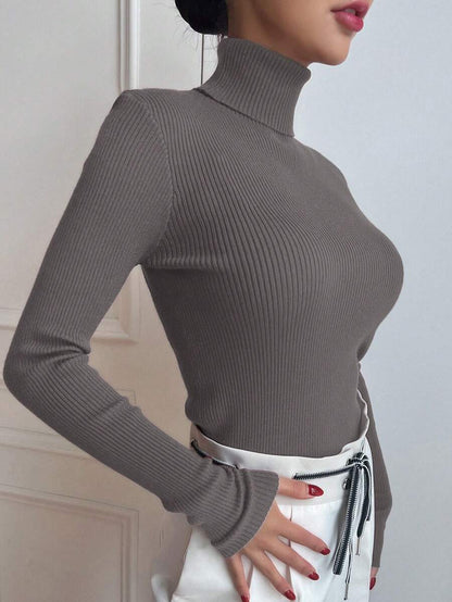 Tamsin Fitted Ribbed Turtleneck Sweater Long Sleeve Pullover - Taupe