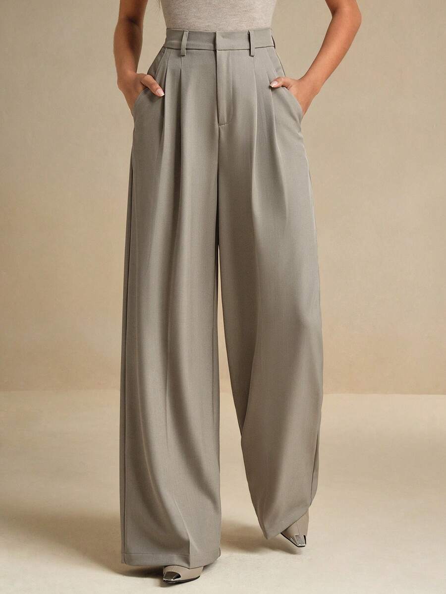 Women's Pleated Wide Leg Dress Trousers, Stretch Tailored Pants for Work Office - Orange