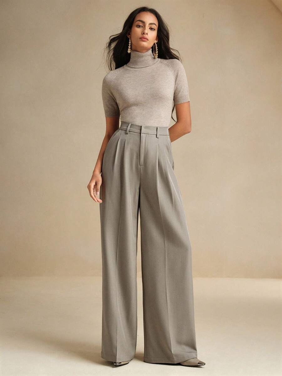 Women's Pleated Wide Leg Dress Trousers, Stretch Tailored Pants for Work Office - Mustard Yellow