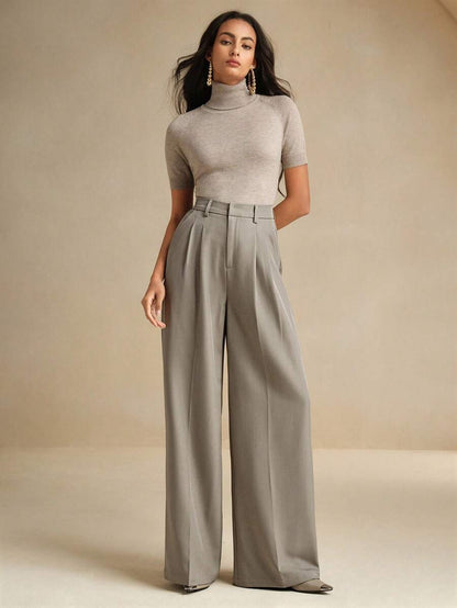Women's Pleated Wide Leg Dress Trousers, Stretch Tailored Pants for Work Office - Mustard Yellow