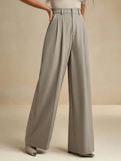 Women's Pleated Wide Leg Dress Trousers, Stretch Tailored Pants for Work Office - Rust Brown