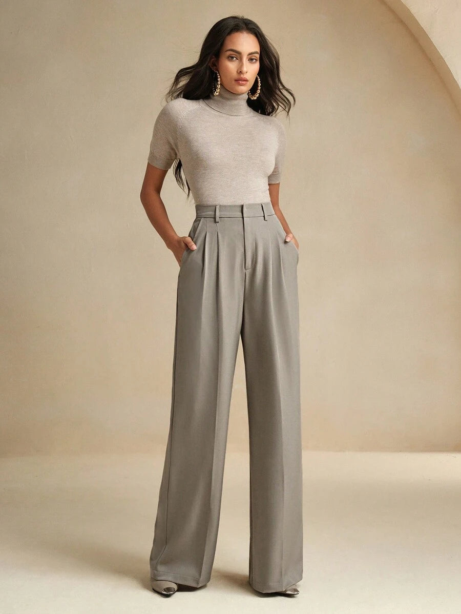 Women's Pleated Wide Leg Dress Trousers, Stretch Tailored Pants for Work Office - Red Violet