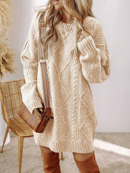 Alina Oversized Cable Knit Sweater Dress - Apricot