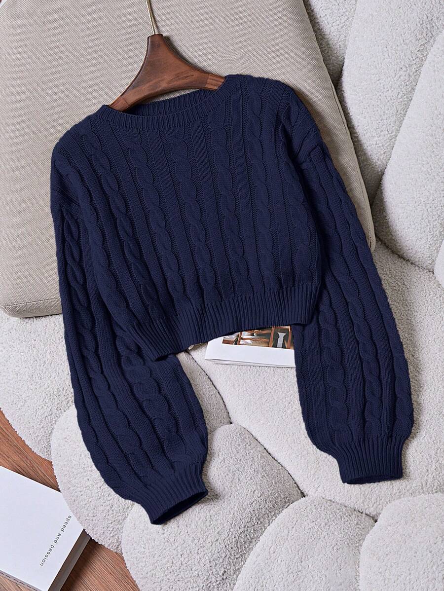 Oriana Cropped Cable Knit Sweater with Crew Neck - Navy