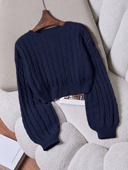 Oriana Cropped Cable Knit Sweater with Crew Neck - Navy