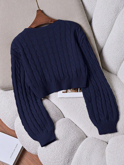 Oriana Cropped Cable Knit Sweater with Crew Neck - Navy