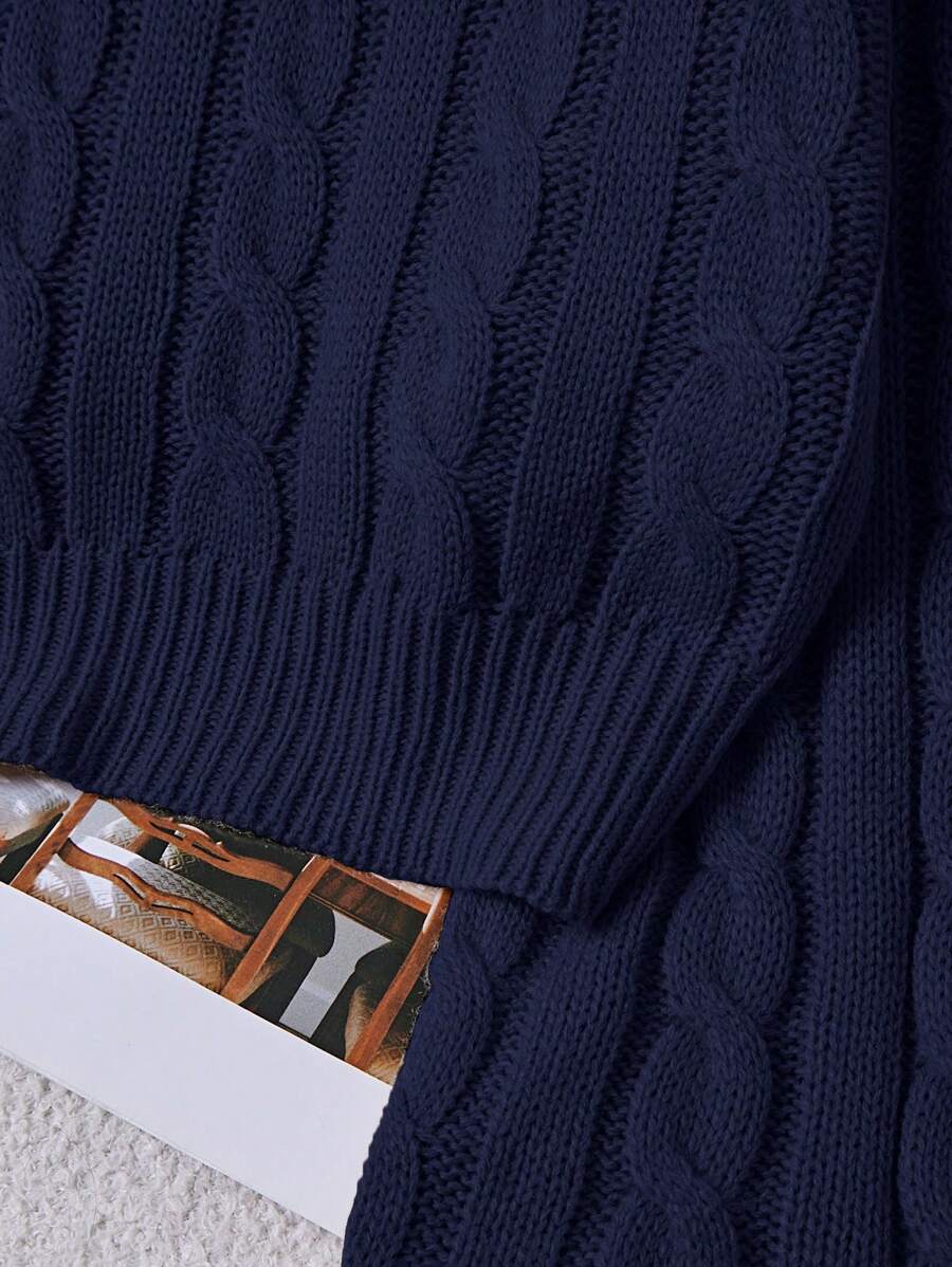 Oriana Cropped Cable Knit Sweater with Crew Neck - Navy