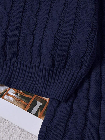 Oriana Cropped Cable Knit Sweater with Crew Neck - Navy