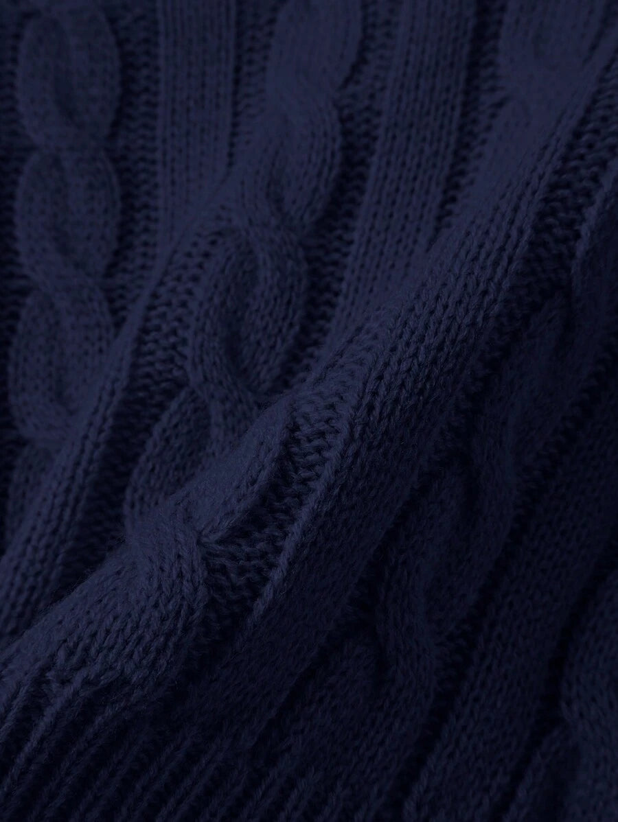Oriana Cropped Cable Knit Sweater with Crew Neck - Navy