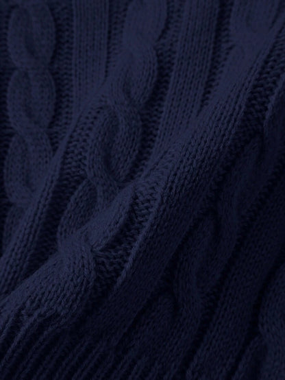 Oriana Cropped Cable Knit Sweater with Crew Neck - Navy