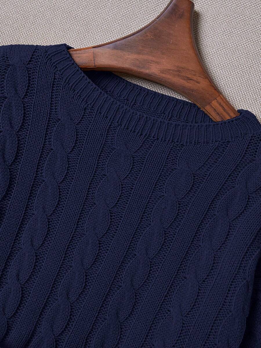 Oriana Cropped Cable Knit Sweater with Crew Neck - Navy