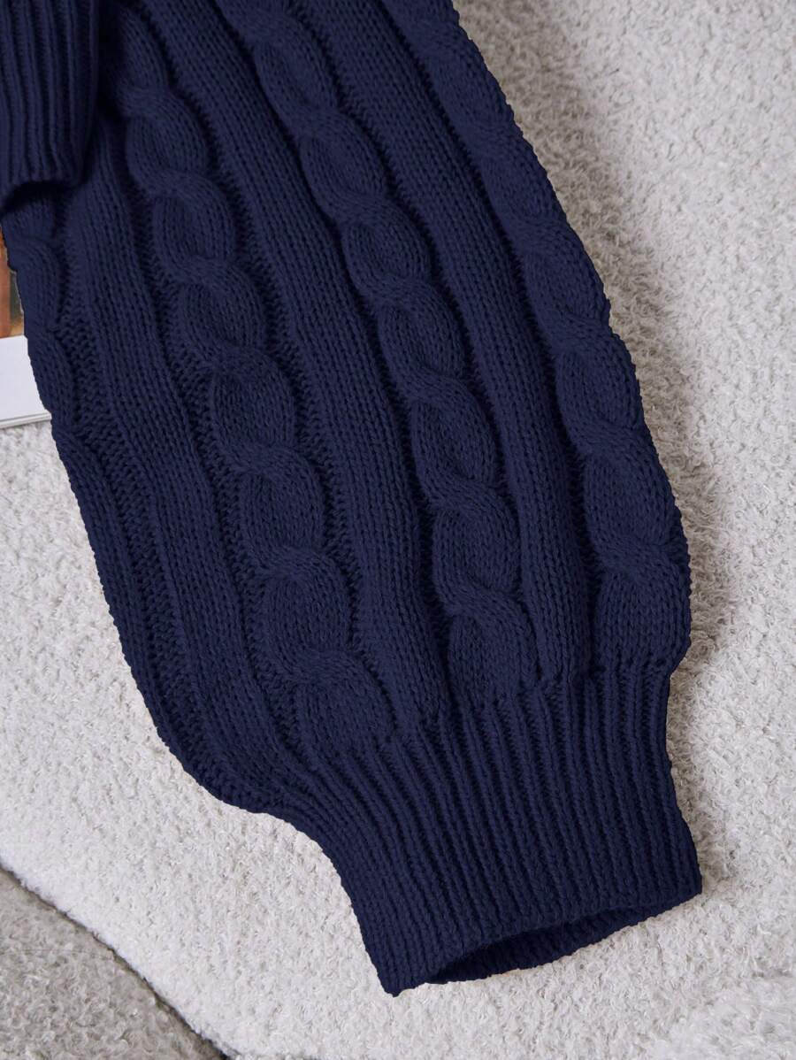 Oriana Cropped Cable Knit Sweater with Crew Neck - Navy