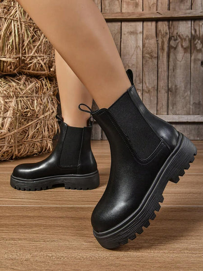 Women's Thick Sole Thermal Lined Boots, Fashionable & Versatile Black Patent Faux Leather Chelsea Ankle Boots, Black Utility Boots For Spring, Autumn & Winter. Suitable For Daily Wear, Parties, Weddings, Paired With Jeans, Dresses, Skirts, Leather, Sweate Mensa