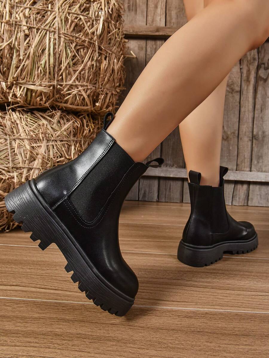 Women's Thick Sole Thermal Lined Boots, Fashionable & Versatile Black Patent Faux Leather Chelsea Ankle Boots, Black Utility Boots For Spring, Autumn & Winter. Suitable For Daily Wear, Parties, Weddings, Paired With Jeans, Dresses, Skirts, Leather, Sweate Mensa