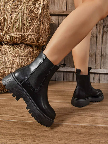 Women's Thick Sole Thermal Lined Boots, Fashionable & Versatile Black Patent Faux Leather Chelsea Ankle Boots, Black Utility Boots For Spring, Autumn & Winter. Suitable For Daily Wear, Parties, Weddings, Paired With Jeans, Dresses, Skirts, Leather, Sweate Mensa