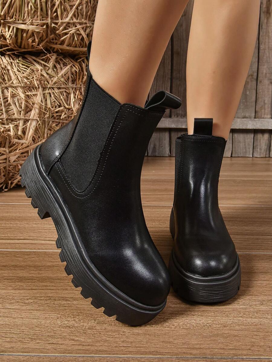Women's Thick Sole Thermal Lined Boots, Fashionable & Versatile Black Patent Faux Leather Chelsea Ankle Boots, Black Utility Boots For Spring, Autumn & Winter. Suitable For Daily Wear, Parties, Weddings, Paired With Jeans, Dresses, Skirts, Leather, Sweate Mensa