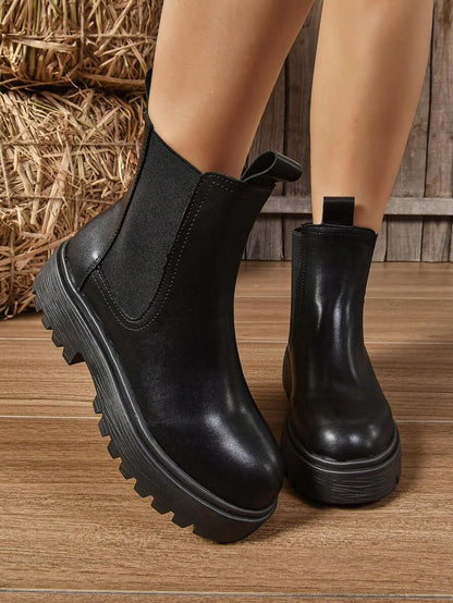 Women's Thick Sole Thermal Lined Boots, Fashionable & Versatile Black Patent Faux Leather Chelsea Ankle Boots, Black Utility Boots For Spring, Autumn & Winter. Suitable For Daily Wear, Parties, Weddings, Paired With Jeans, Dresses, Skirts, Leather, Sweate Mensa