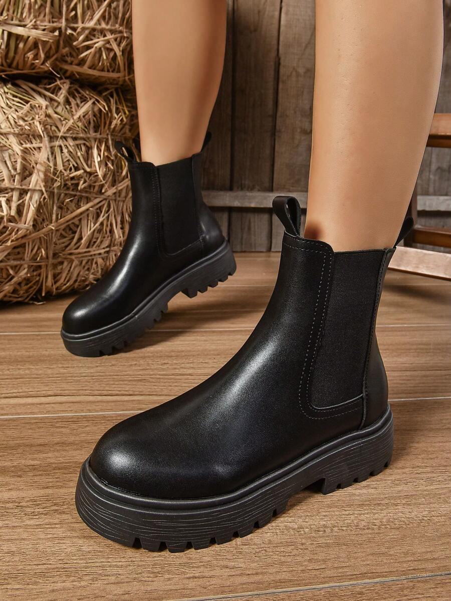 Women's Thick Sole Thermal Lined Boots, Fashionable & Versatile Black Patent Faux Leather Chelsea Ankle Boots, Black Utility Boots For Spring, Autumn & Winter. Suitable For Daily Wear, Parties, Weddings, Paired With Jeans, Dresses, Skirts, Leather, Sweate Mensa