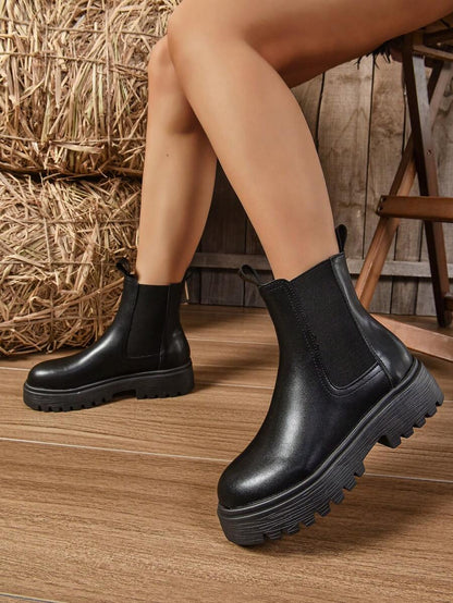 Women's Thick Sole Thermal Lined Boots, Fashionable & Versatile Black Patent Faux Leather Chelsea Ankle Boots, Black Utility Boots For Spring, Autumn & Winter. Suitable For Daily Wear, Parties, Weddings, Paired With Jeans, Dresses, Skirts, Leather, Sweate Mensa