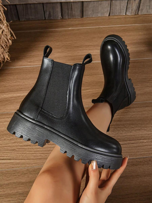 Women's Thick Sole Thermal Lined Boots, Fashionable & Versatile Black Patent Faux Leather Chelsea Ankle Boots, Black Utility Boots For Spring, Autumn & Winter. Suitable For Daily Wear, Parties, Weddings, Paired With Jeans, Dresses, Skirts, Leather, Sweate Mensa