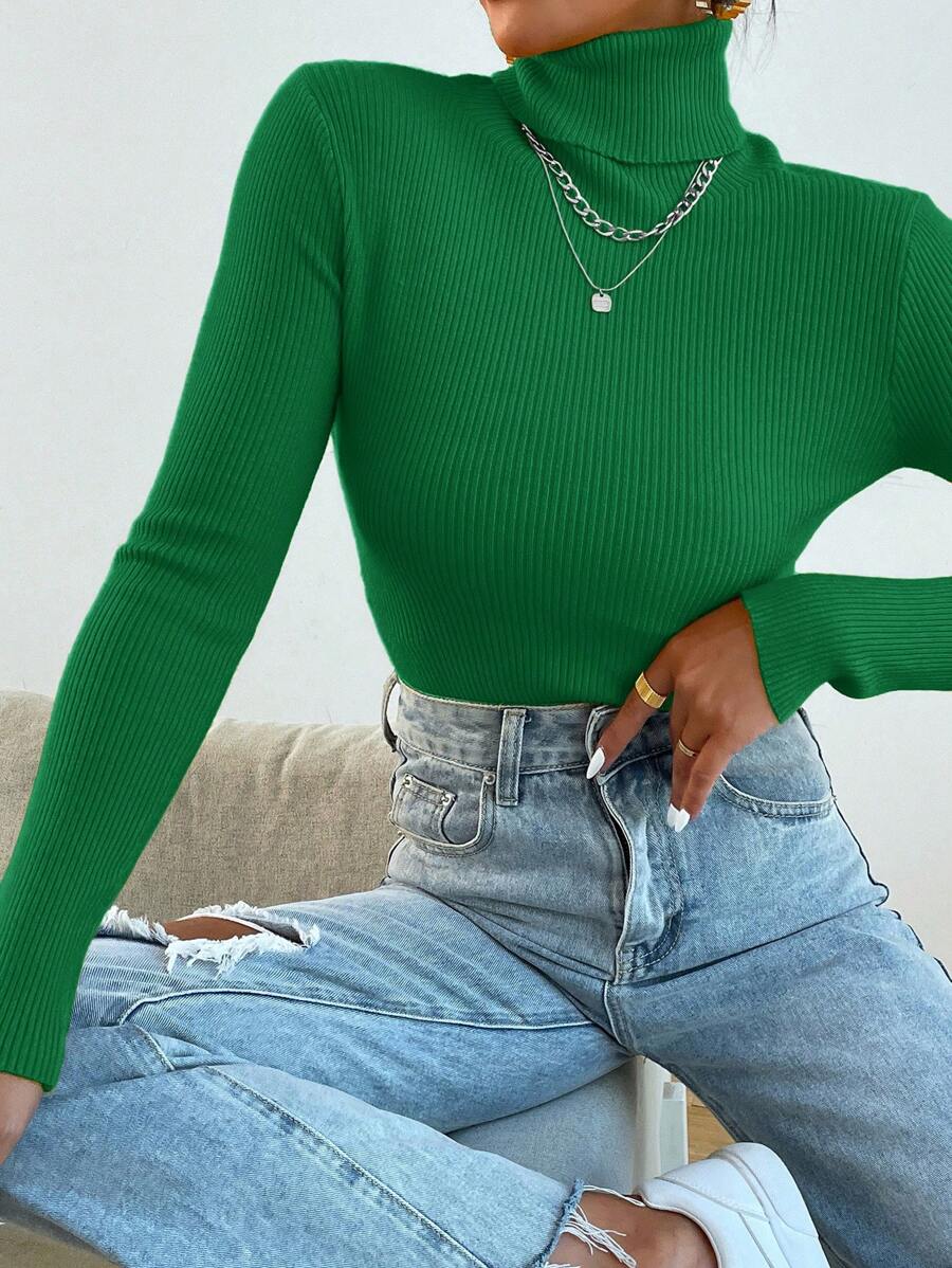 Nicolette Slim Fit Ribbed Knit Turtleneck Long Sleeve Sweater - Green