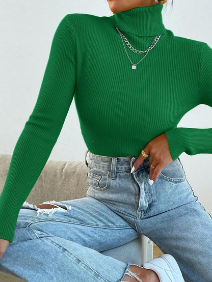 Nicolette Slim Fit Ribbed Knit Turtleneck Long Sleeve Sweater - Green