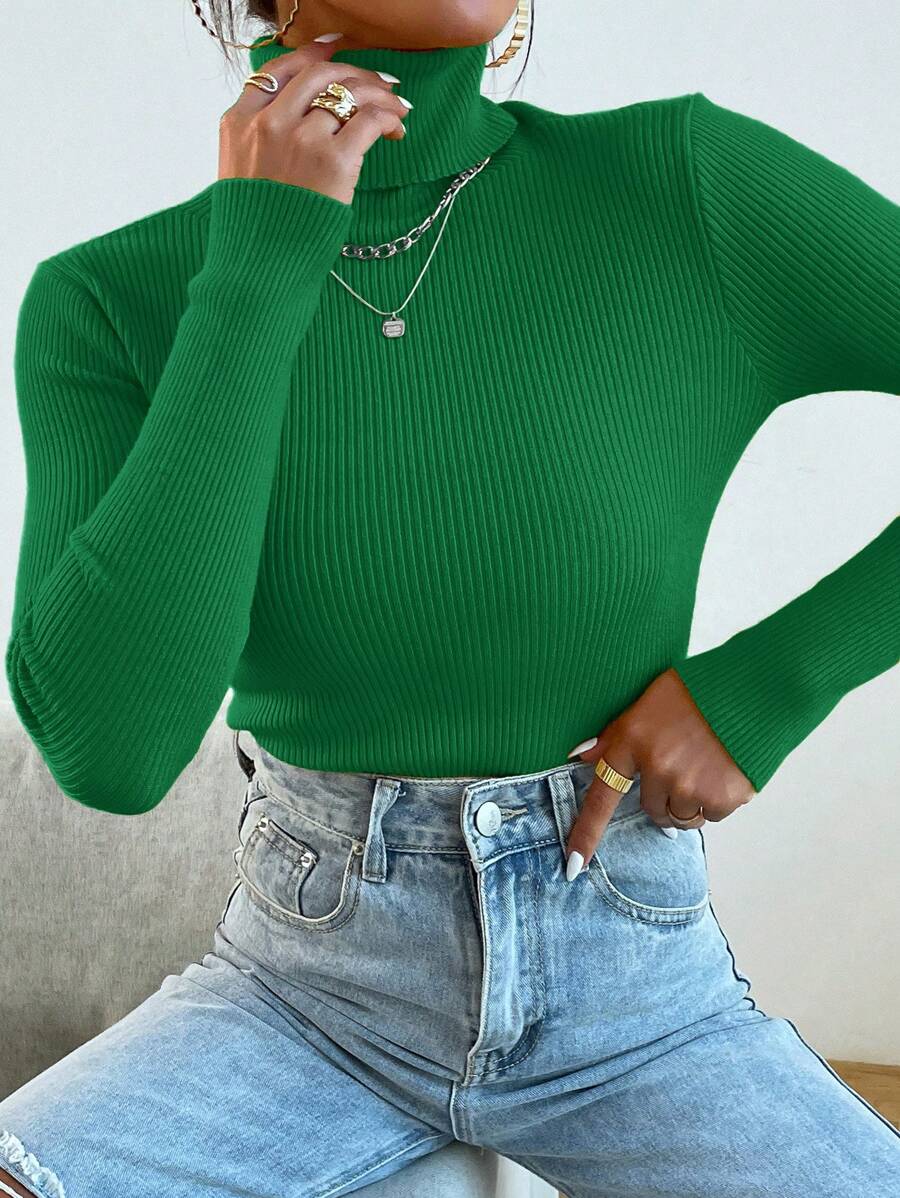 Nicolette Slim Fit Ribbed Knit Turtleneck Long Sleeve Sweater - Blue Power