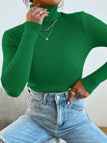 Nicolette Slim Fit Ribbed Knit Turtleneck Long Sleeve Sweater - Blue Power