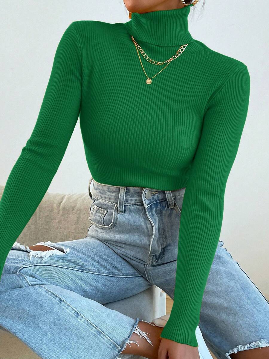 Nicolette Slim Fit Ribbed Knit Turtleneck Long Sleeve Sweater - Black