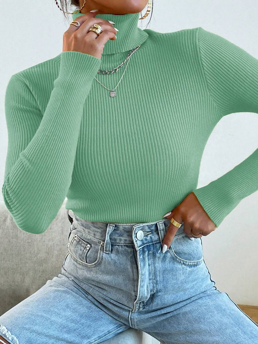 Nicolette Slim Fit Ribbed Knit Turtleneck Long Sleeve Sweater - Green