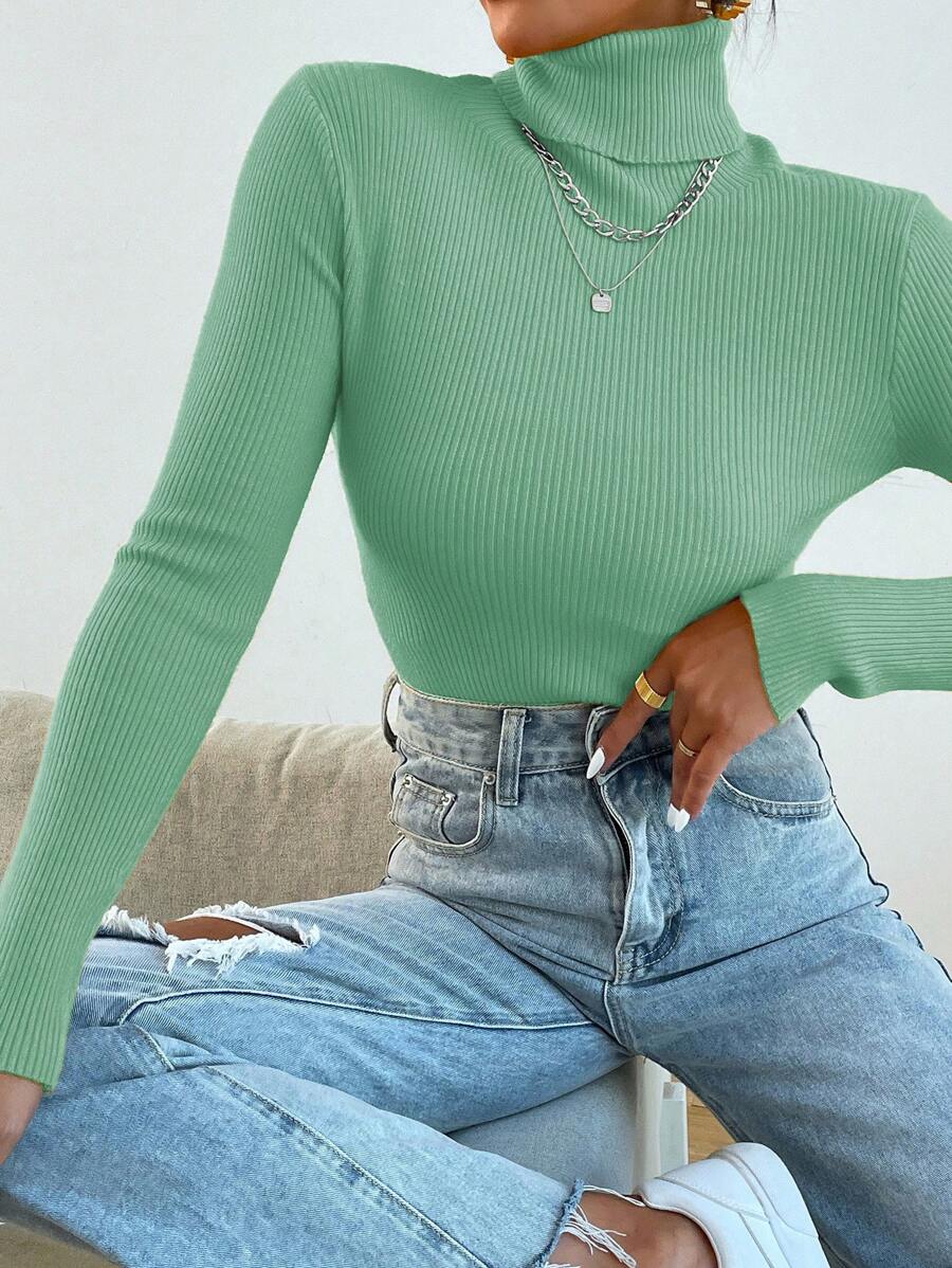 Nicolette Slim Fit Ribbed Knit Turtleneck Long Sleeve Sweater - Purple