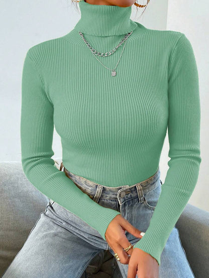 Nicolette Slim Fit Ribbed Knit Turtleneck Long Sleeve Sweater - Mint Green