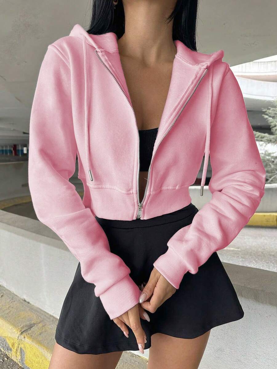 Edith Zip Up Drawstring Crop Hoodie - Pink