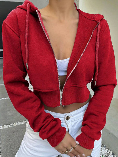 Edith Zip Up Drawstring Crop Hoodie - Red