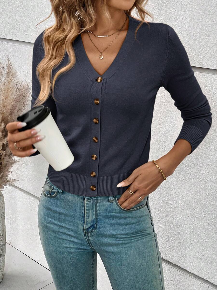 Georgiana Slim Ribbed V-Neck Button Front Knit Cardigan - Slate Blue