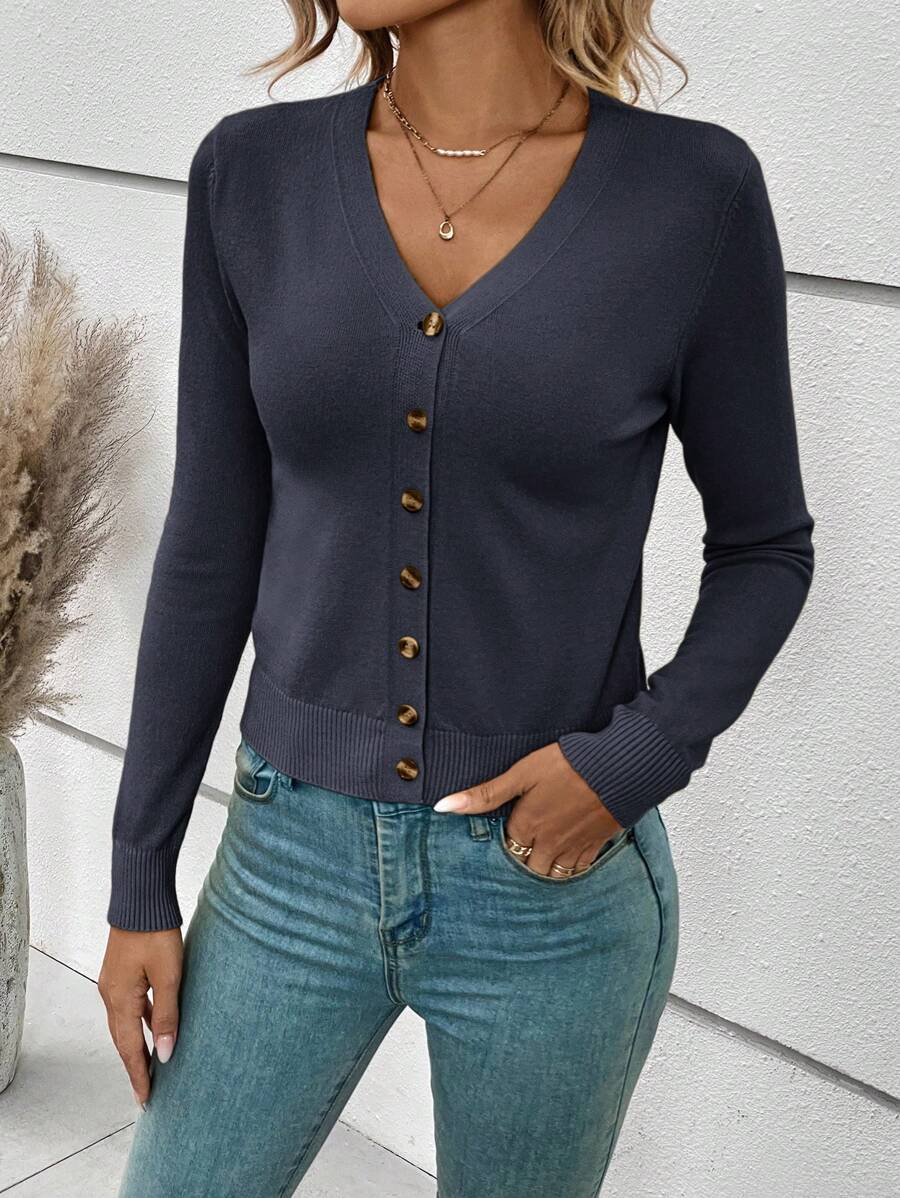 Georgiana Slim Ribbed V-Neck Button Front Knit Cardigan - Slate Blue