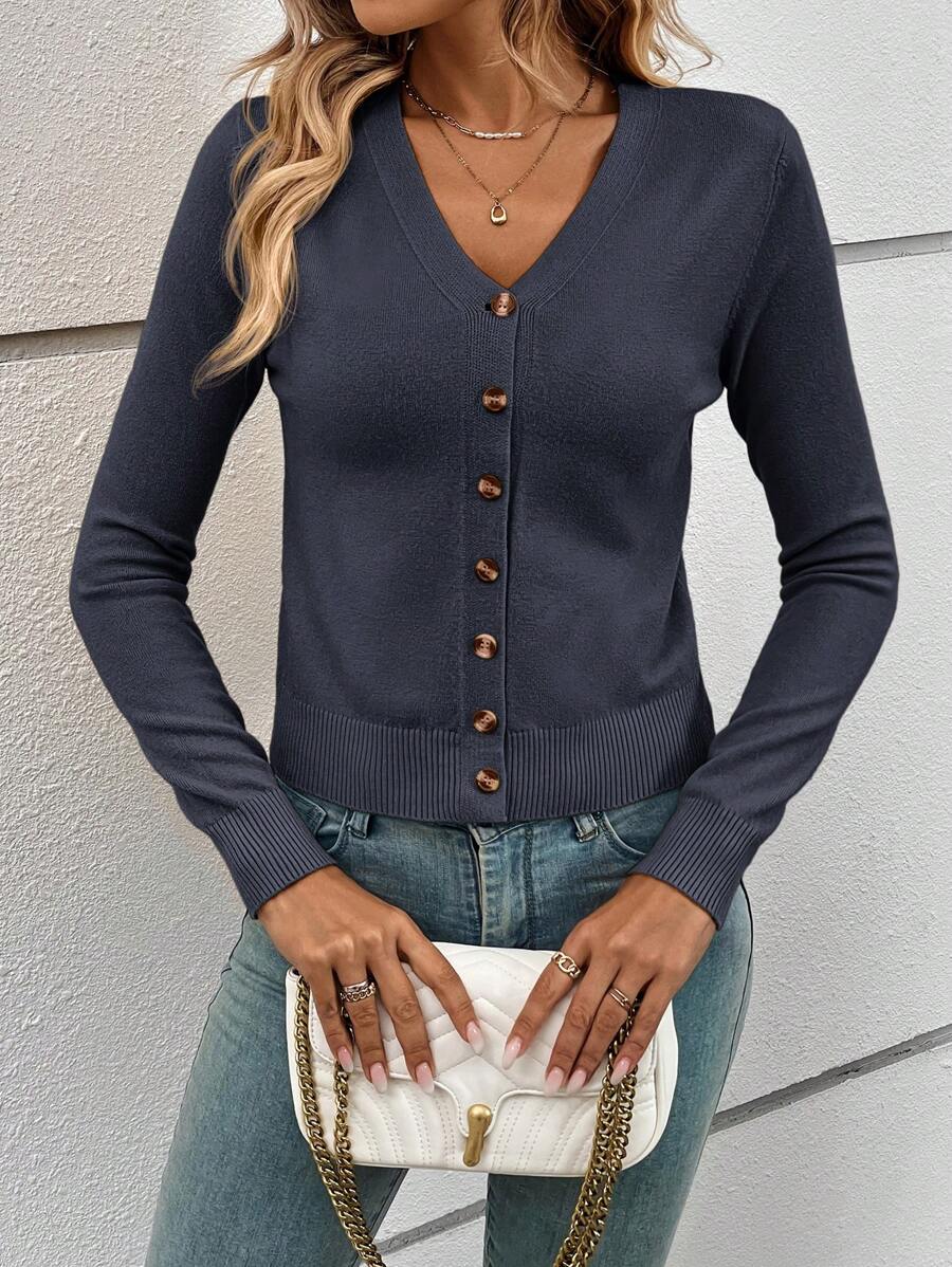 Georgiana Slim Ribbed V-Neck Button Front Knit Cardigan - Slate Blue