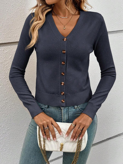 Georgiana Slim Ribbed V-Neck Button Front Knit Cardigan - Slate Blue