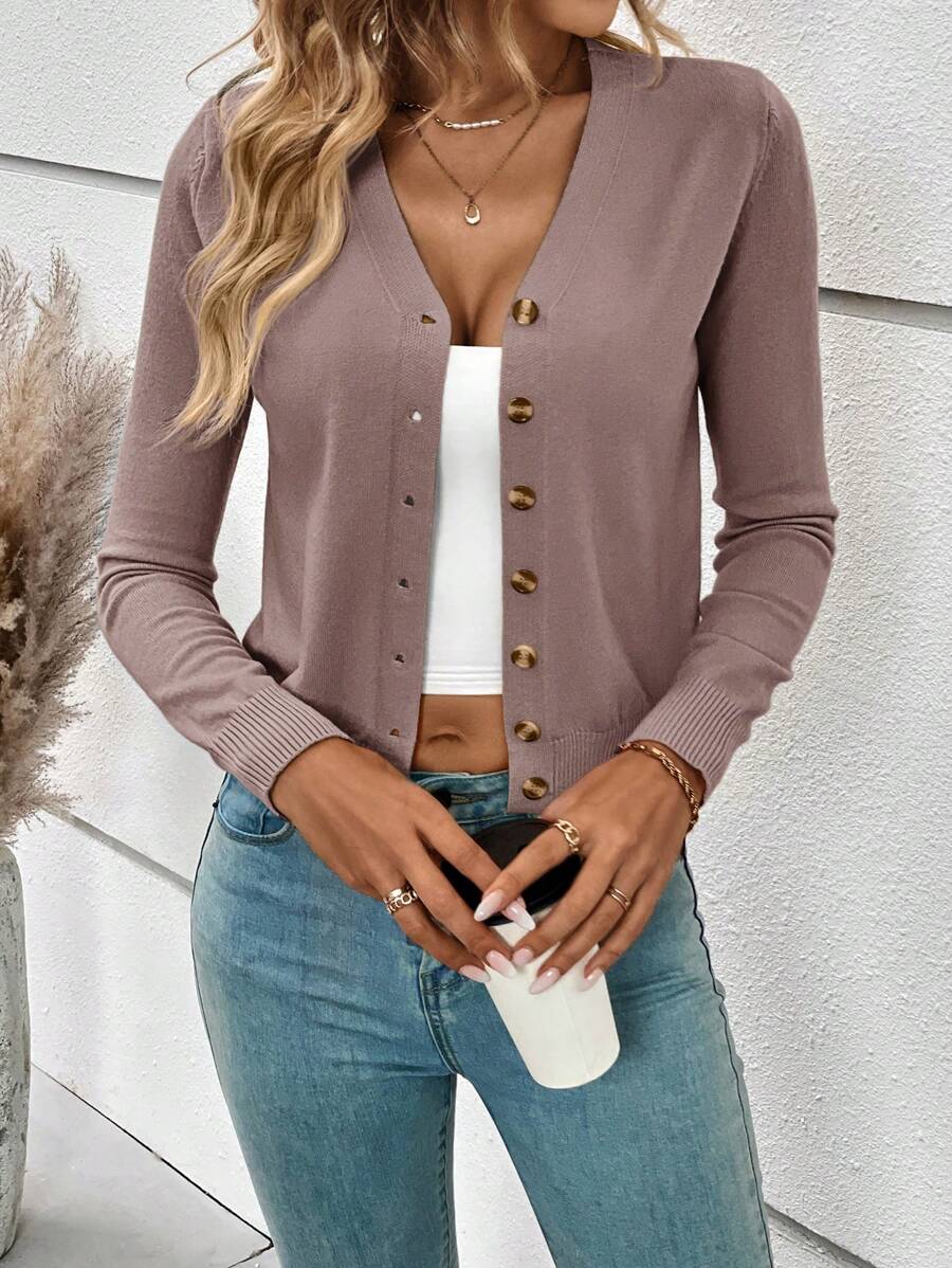 Georgiana Slim Ribbed V-Neck Button Front Knit Cardigan - Dusty Mauve