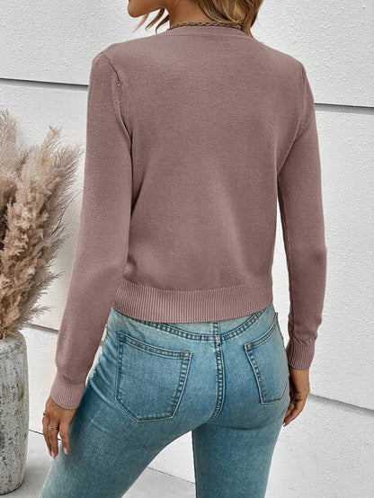 Georgiana Slim Ribbed V-Neck Button Front Knit Cardigan - Dusty Mauve