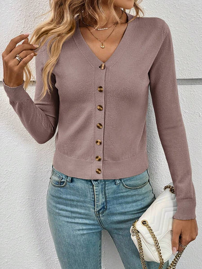 Georgiana Slim Ribbed V-Neck Button Front Knit Cardigan - Dusty Mauve