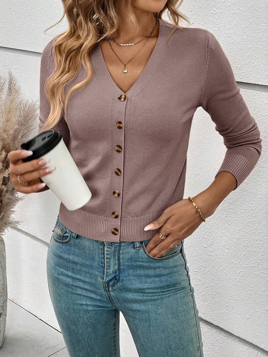 Georgiana Slim Ribbed V-Neck Button Front Knit Cardigan - Dusty Mauve